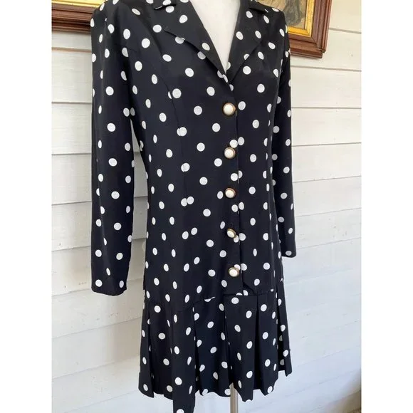 Vintage 1980s Black White Polka Dot Pleated Dress - Picture 8 of 12